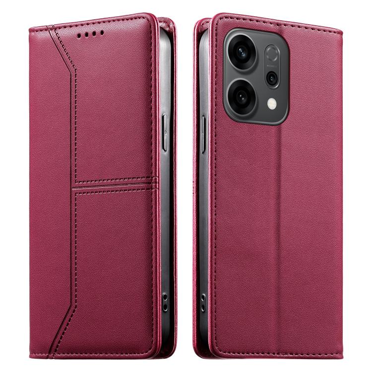 

For OPPO Reno14 Global / Reno14 F 5G Stitched Line Magnetic RFID Vegan Leather Phone Case(Wine Red)