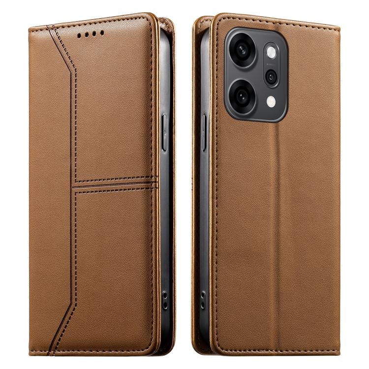 

For OPPO Reno14 Pro Global Stitched Line Magnetic RFID Vegan Leather Phone Case(Brown)
