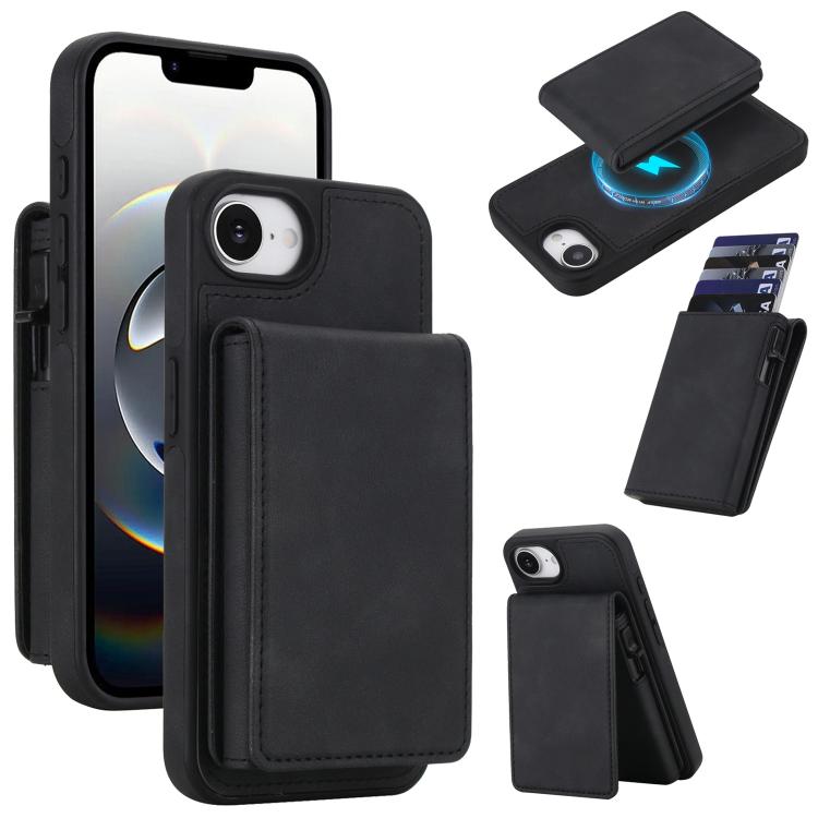 

For iPhone 16e Retro Faux Leather Detachable Spring Loaded Card Bag Magnetic RFID Phone Case(Black)