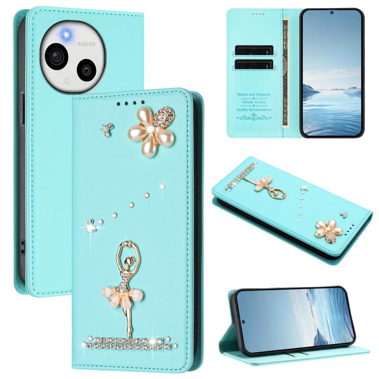 

For Sharp Aquos Sense10 Ballet Girl Diamond Studded RFID Vegan Leather Phone Case(Mint Green)