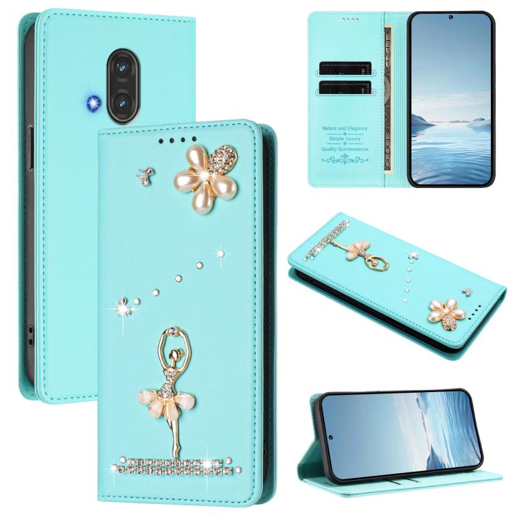 

For Fujitsu RakuRaku F-53E Ballet Girl Diamond Studded RFID Vegan Leather Phone Case(Mint Green)