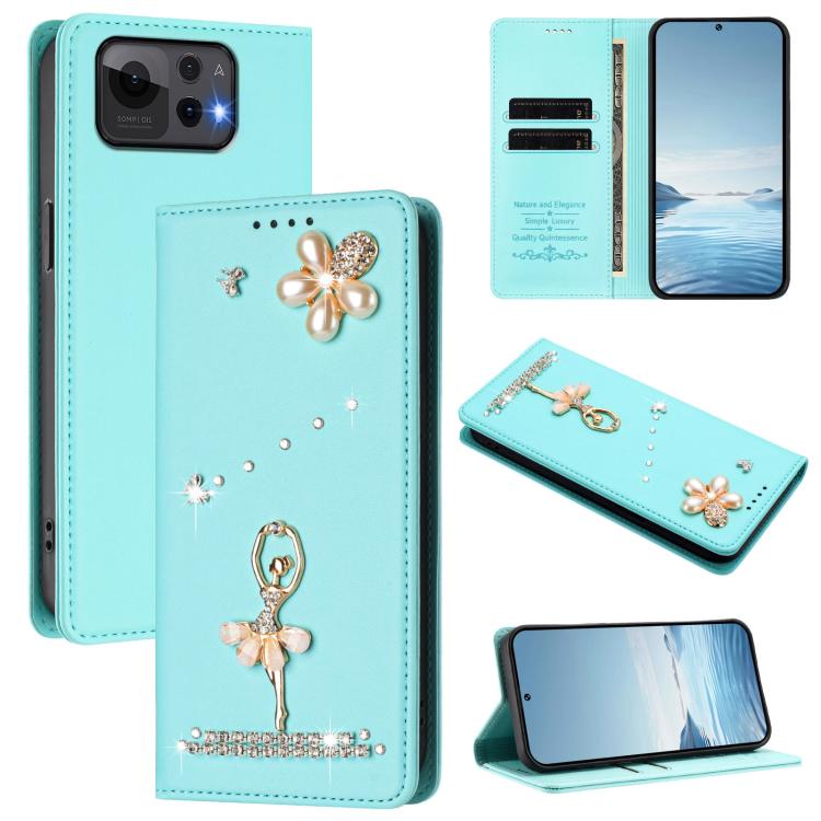 

For Asus Zenfone 12 Ultra Ballet Girl Diamond Studded RFID Vegan Leather Phone Case(Mint Green)