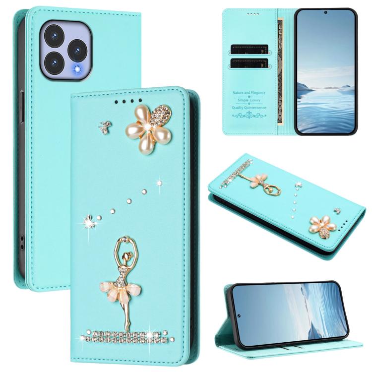 

For Wiko T60 / Cubot P80 Ballet Girl Diamond Studded RFID Vegan Leather Phone Case(Mint Green)