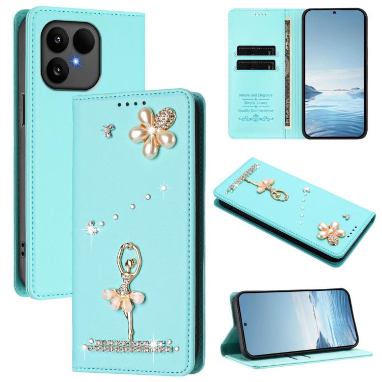 

For Fairphone 6 Ballet Girl Diamond Studded RFID Vegan Leather Phone Case(Mint Green)
