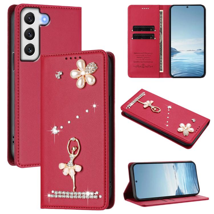 

For Samsung Galaxy S22 5G Ballet Girl Diamond Studded RFID Vegan Leather Phone Case(Wine Red)