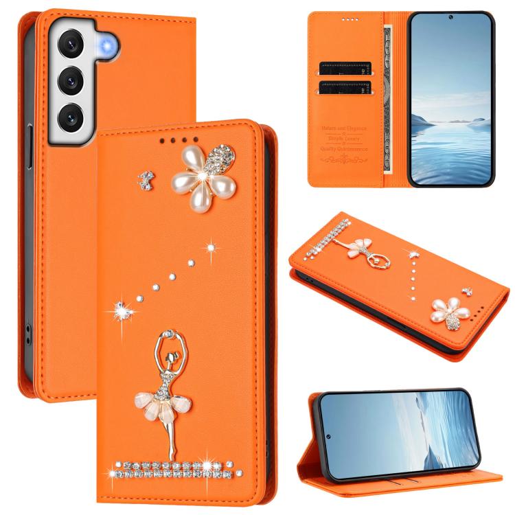 

For Samsung Galaxy S22+ 5G Ballet Girl Diamond Studded RFID Vegan Leather Phone Case(Orange)