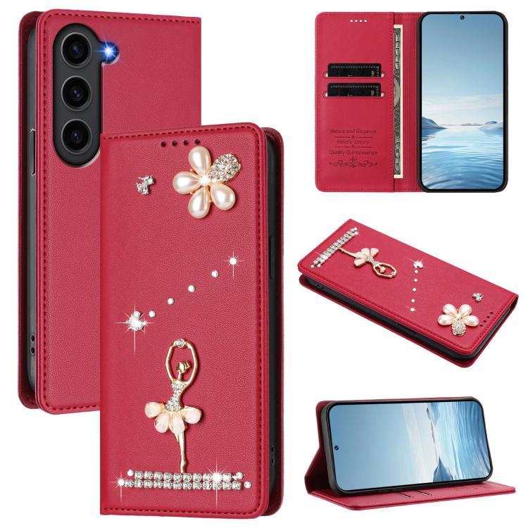 

For Samsung Galaxy S23 5G Ballet Girl Diamond Studded RFID Vegan Leather Phone Case(Wine Red)