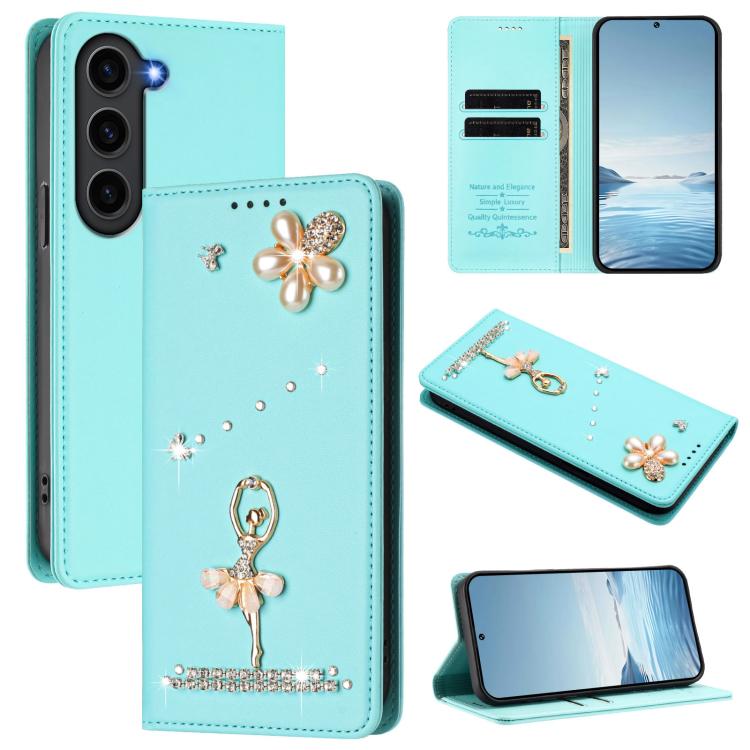 

For Samsung Galaxy S23+ 5G Ballet Girl Diamond Studded RFID Vegan Leather Phone Case(Mint Green)