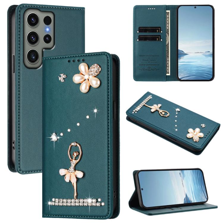 

For Samsung Galaxy S23 Ultra 5G Ballet Girl Diamond Studded RFID Vegan Leather Phone Case(Peacock Green)