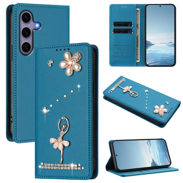 

For Samsung Galaxy S25 / S24 5G Ballet Girl Diamond Studded RFID Vegan Leather Phone Case(Lake Blue)
