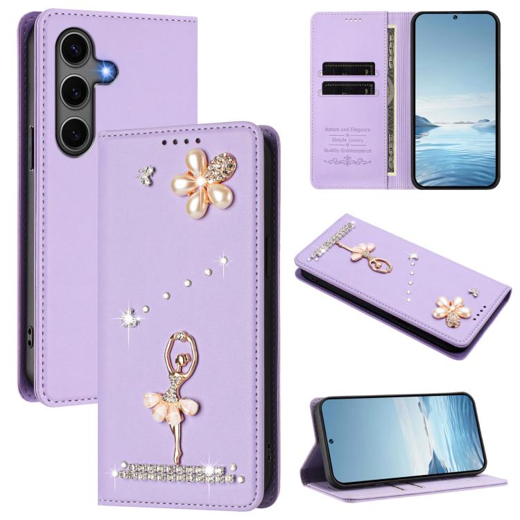 

For Samsung Galaxy S25+ / S24+ 5G Ballet Girl Diamond Studded RFID Vegan Leather Phone Case(Light Purple)