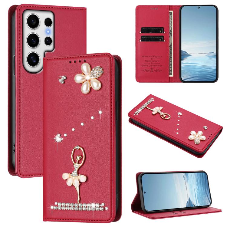 

For Samsung Galaxy S24 Ultra 5G Ballet Girl Diamond Studded RFID Vegan Leather Phone Case(Wine Red)