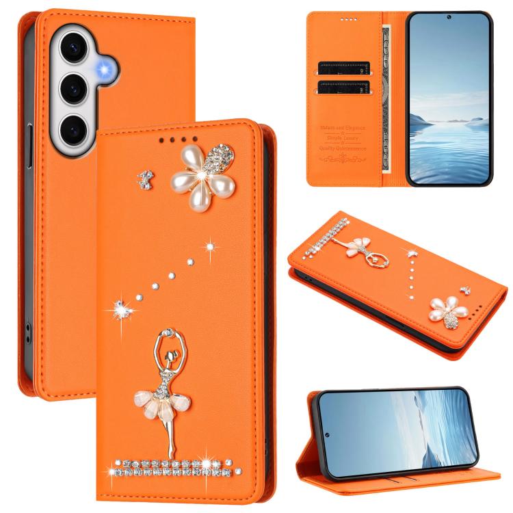 

For Samsung Galaxy S24 FE 5G Ballet Girl Diamond Studded RFID Vegan Leather Phone Case(Orange)