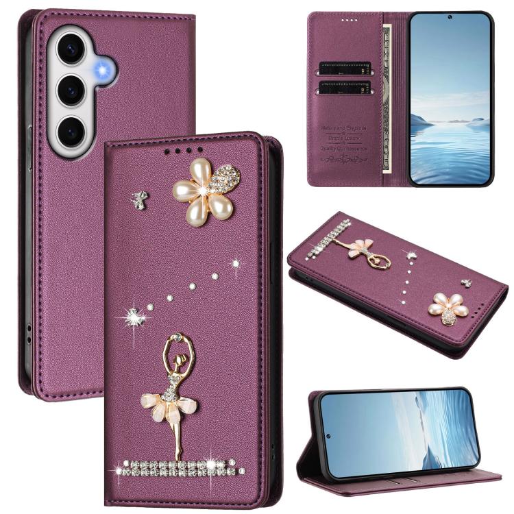 

For Samsung Galaxy S24 FE 5G Ballet Girl Diamond Studded RFID Vegan Leather Phone Case(Violet)