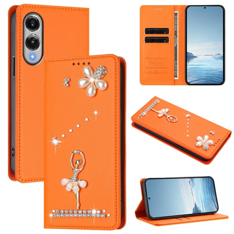 

For Samsung Galaxy S25 Edge 5G Ballet Girl Diamond Studded RFID Vegan Leather Phone Case(Orange)
