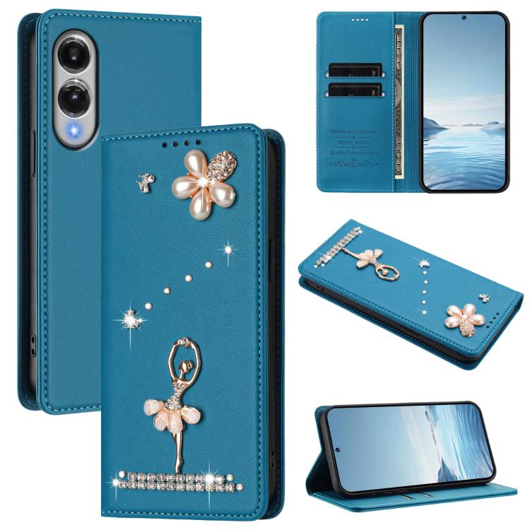

For Samsung Galaxy S25 Edge 5G Ballet Girl Diamond Studded RFID Vegan Leather Phone Case(Lake Blue)