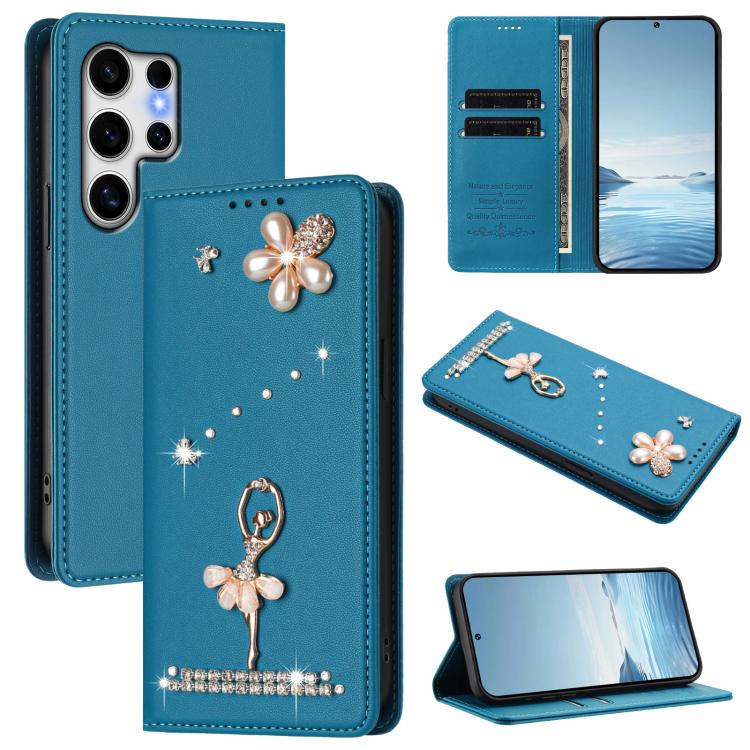 

For Samsung Galaxy S25 Ultra 5G Ballet Girl Diamond Studded RFID Vegan Leather Phone Case(Lake Blue)