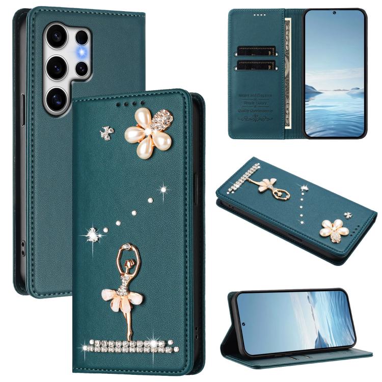 

For Samsung Galaxy S25 Ultra 5G Ballet Girl Diamond Studded RFID Vegan Leather Phone Case(Peacock Green)