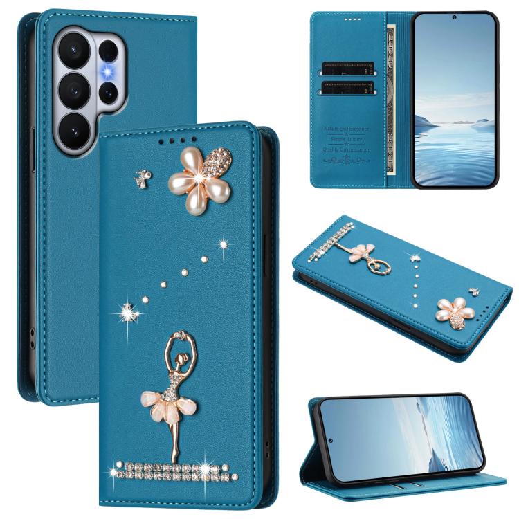 

For Samsung Galaxy S26 Ultra 5G Ballet Girl Diamond Studded RFID Vegan Leather Phone Case(Lake Blue)