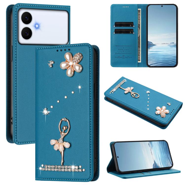 

For Samsung Galaxy S26 Edge 5G Ballet Girl Diamond Studded RFID Vegan Leather Phone Case(Lake Blue)