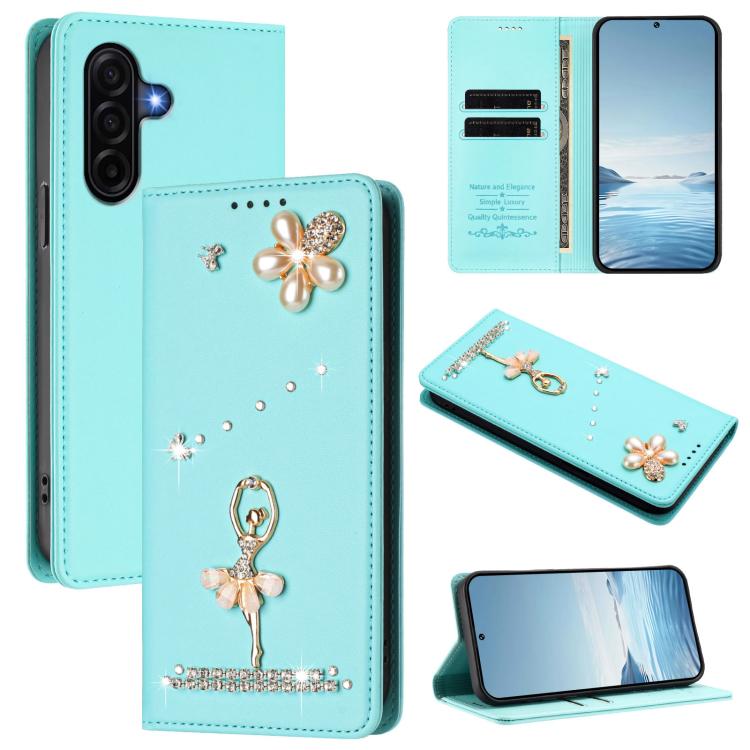 For Samsung Galaxy A57 5G Ballet Girl Diamond Studded RFID Vegan Leather Phone Case(Mint Green)