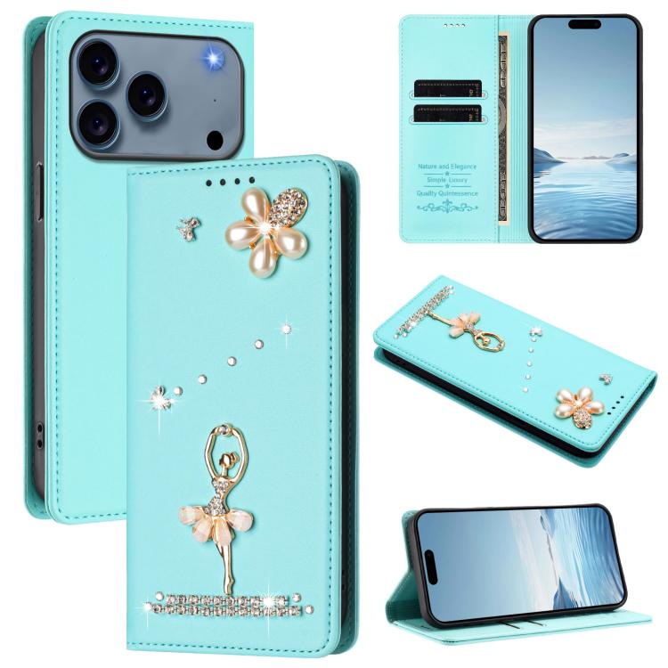 For iPhone 17 Pro Max Ballet Girl Diamond Studded RFID Vegan Leather Phone Case(Mint Green)