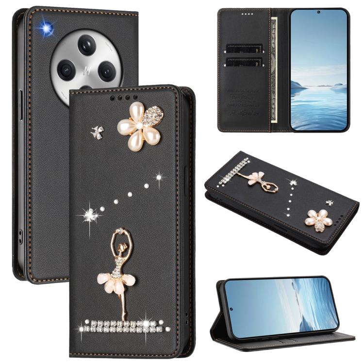

For OPPO Find X8 5G Global Ballet Girl Diamond Studded RFID Vegan Leather Phone Case(Black)