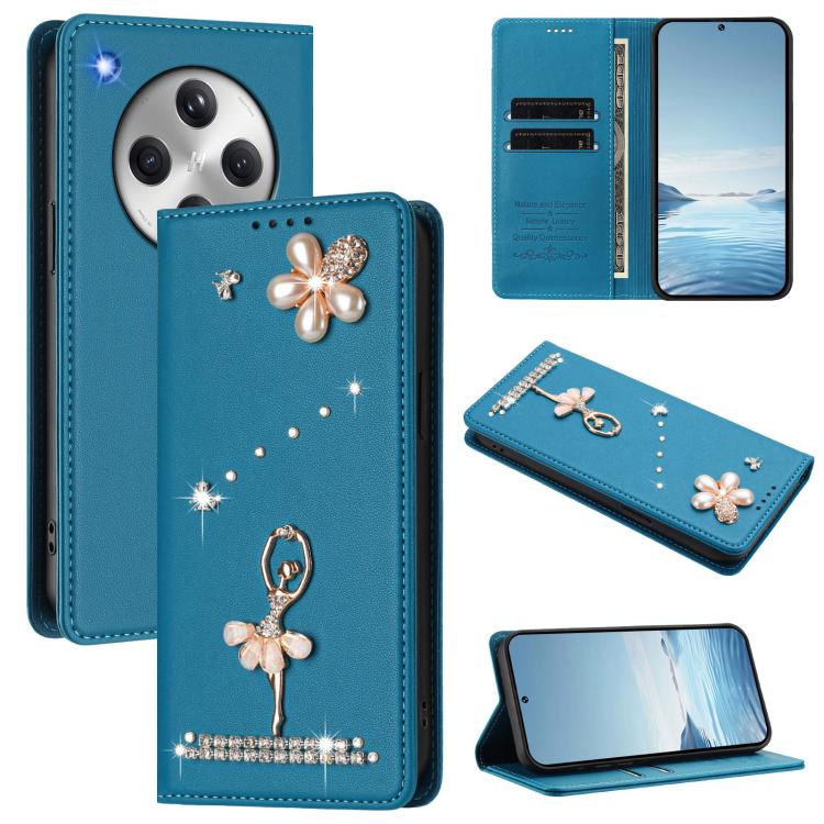 For OPPO Find X8 5G Global Ballet Girl Diamond Studded RFID Vegan Leather Phone Case(Lake Blue)