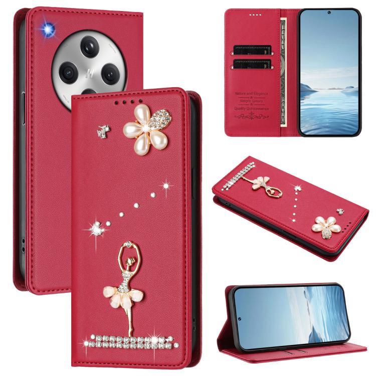 

For OPPO Find X8 5G Global Ballet Girl Diamond Studded RFID Vegan Leather Phone Case(Wine Red)