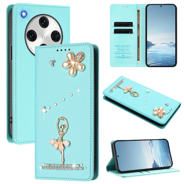 

For OPPO Find X8 Pro 5G Global Ballet Girl Diamond Studded RFID Vegan Leather Phone Case(Mint Green)
