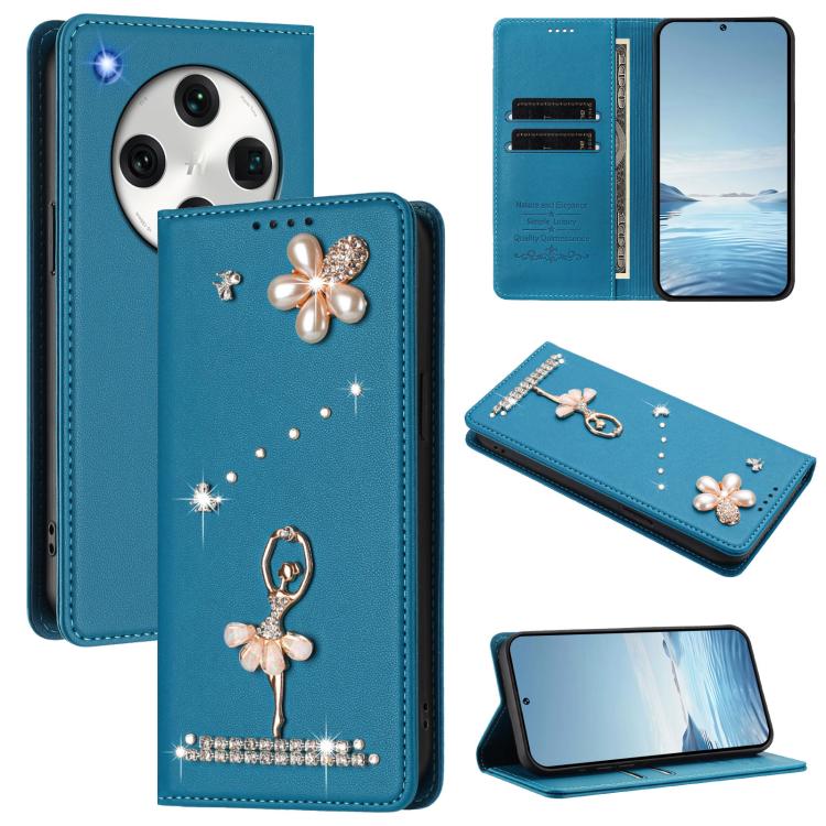 For OPPO Find X8 Pro 5G Global Ballet Girl Diamond Studded RFID Vegan Leather Phone Case(Lake Blue)