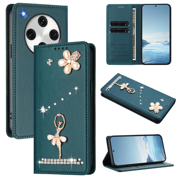 

For OPPO Find X8 Pro 5G Global Ballet Girl Diamond Studded RFID Vegan Leather Phone Case(Peacock Green)