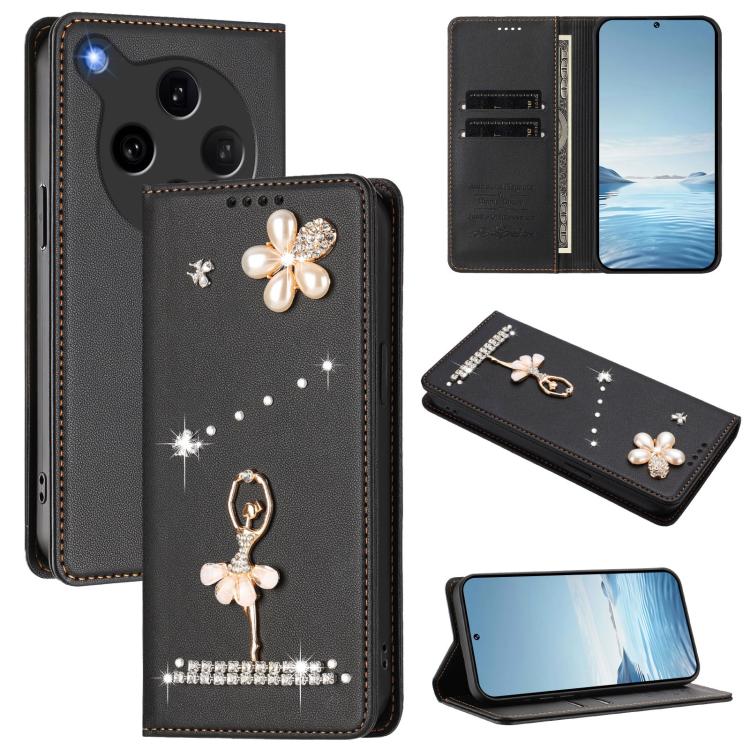 

For OPPO Find X8 Ultra 5G Ballet Girl Diamond Studded RFID Vegan Leather Phone Case(Black)