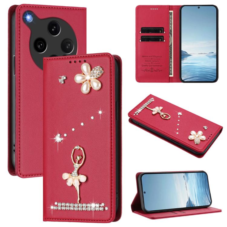 

For OPPO Find X8 Ultra 5G Ballet Girl Diamond Studded RFID Vegan Leather Phone Case(Wine Red)