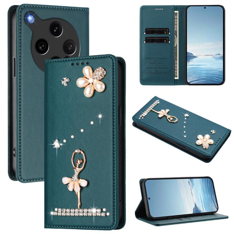 

For OPPO Find X8 Ultra 5G Ballet Girl Diamond Studded RFID Vegan Leather Phone Case(Peacock Green)