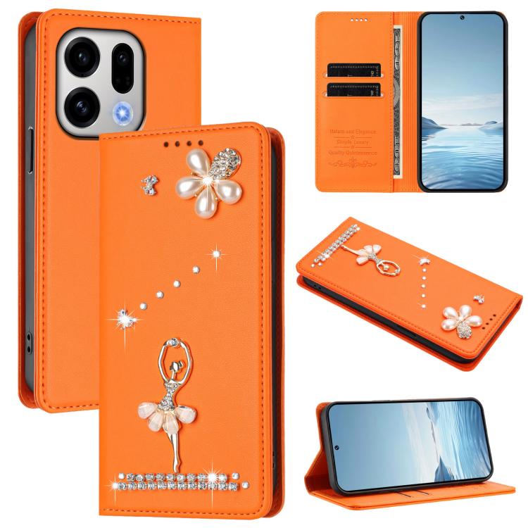 

For OPPO Find X9 Ballet Girl Diamond Studded RFID Vegan Leather Phone Case(Orange)