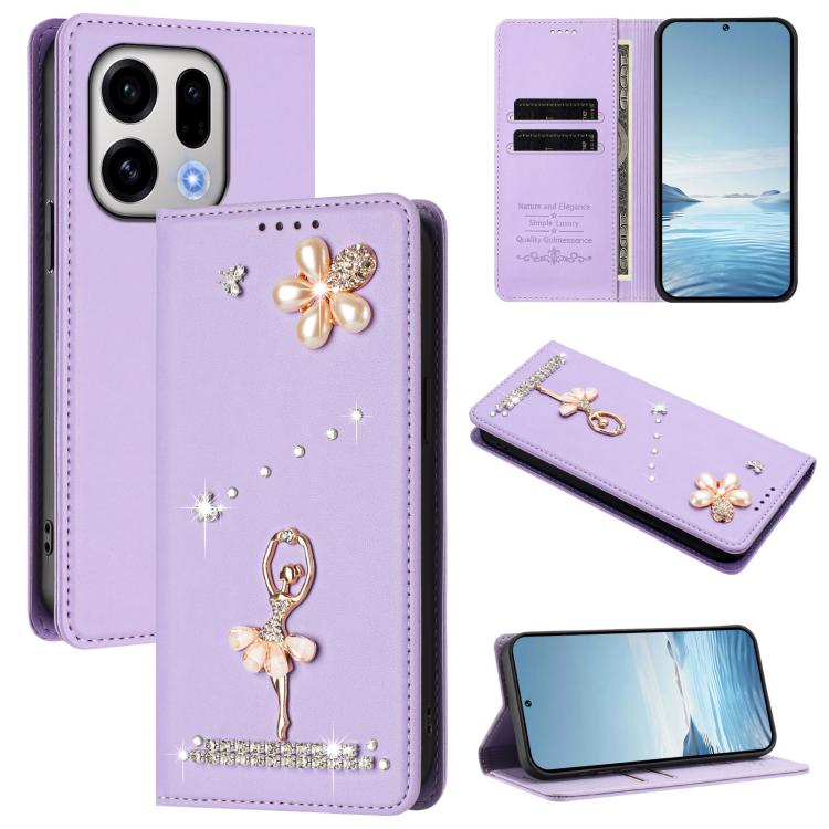 

For OPPO Find X9 Ballet Girl Diamond Studded RFID Vegan Leather Phone Case(Light Purple)