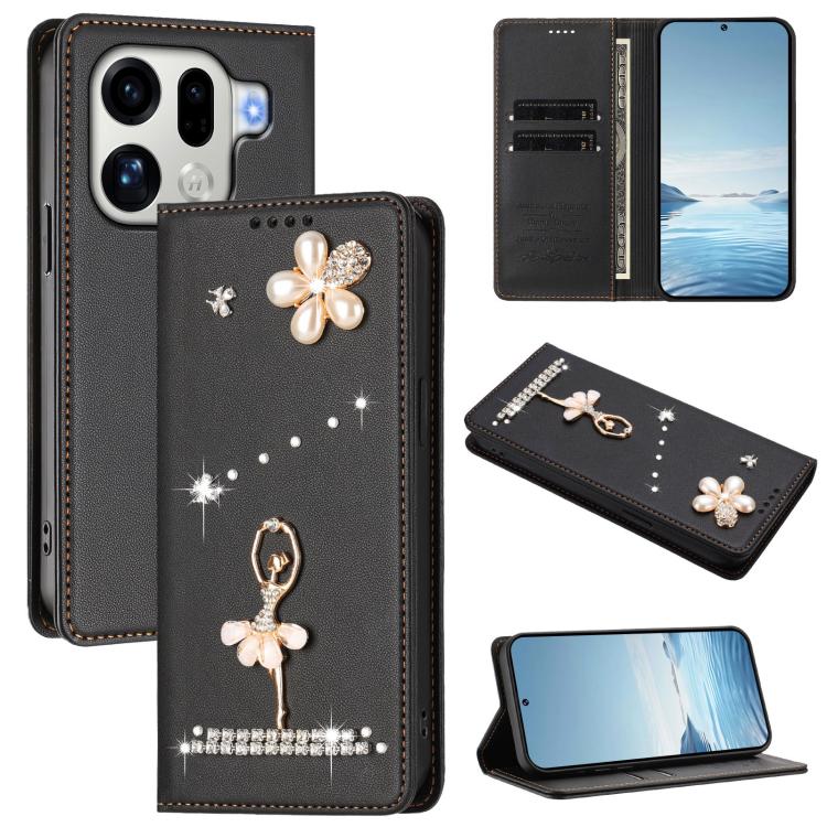 

For OPPO Find X9 Pro Ballet Girl Diamond Studded RFID Vegan Leather Phone Case(Black)