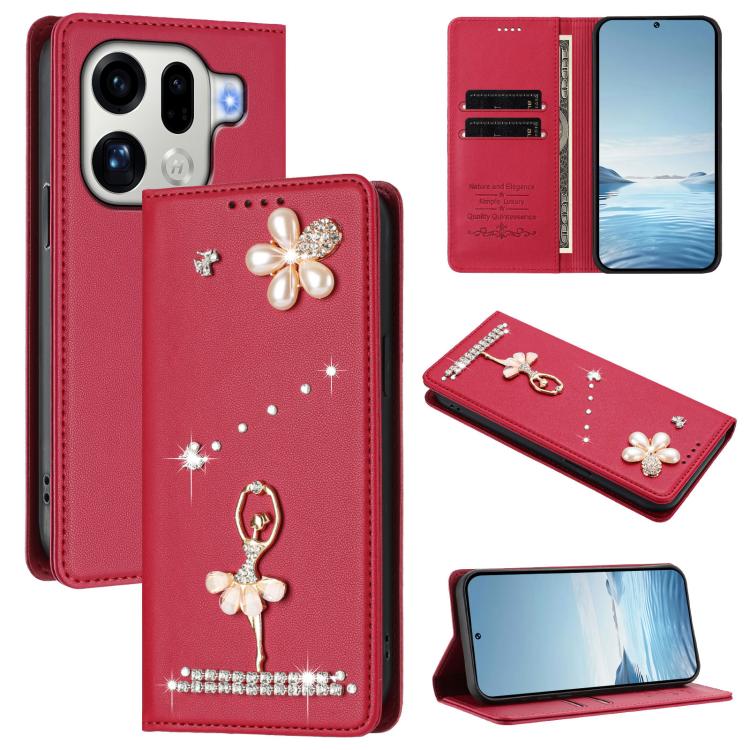 

For OPPO Find X9 Pro Ballet Girl Diamond Studded RFID Vegan Leather Phone Case(Wine Red)
