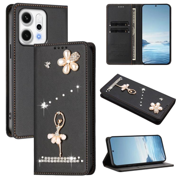 

For OPPO Reno14 Pro 5G Global Ballet Girl Diamond Studded RFID Vegan Leather Phone Case(Black)