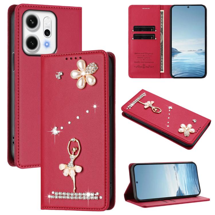 

For OPPO Reno14 Pro 5G Global Ballet Girl Diamond Studded RFID Vegan Leather Phone Case(Wine Red)