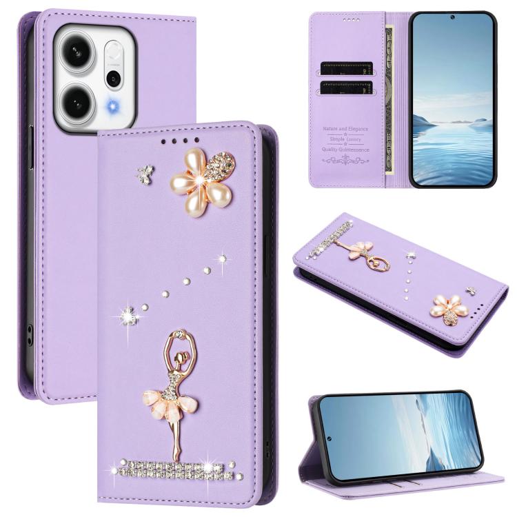 

For OPPO Reno14 Pro 5G Global Ballet Girl Diamond Studded RFID Vegan Leather Phone Case(Light Purple)