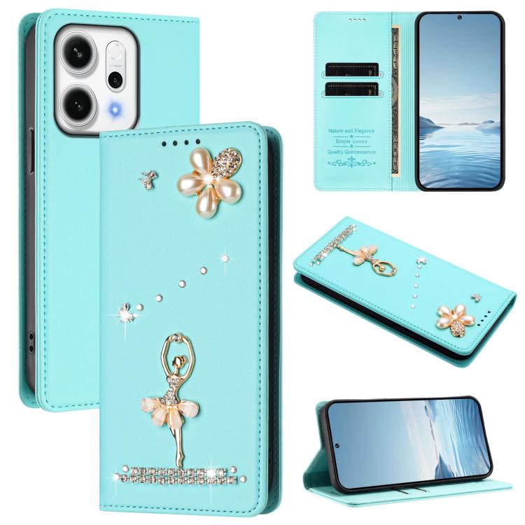 

For OPPO Reno14 F 5G Global Ballet Girl Diamond Studded RFID Vegan Leather Phone Case(Mint Green)