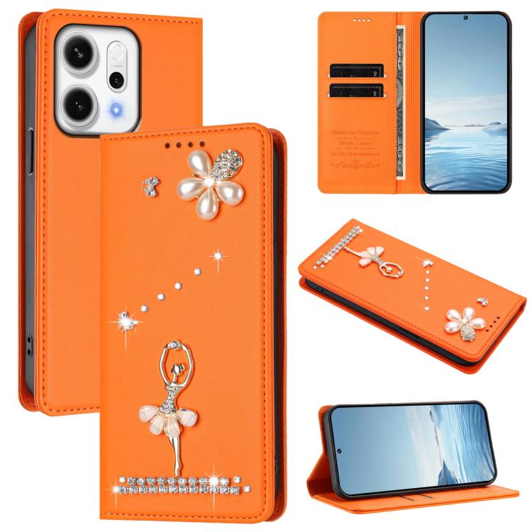 

For OPPO Reno14 F 5G Global Ballet Girl Diamond Studded RFID Vegan Leather Phone Case(Orange)