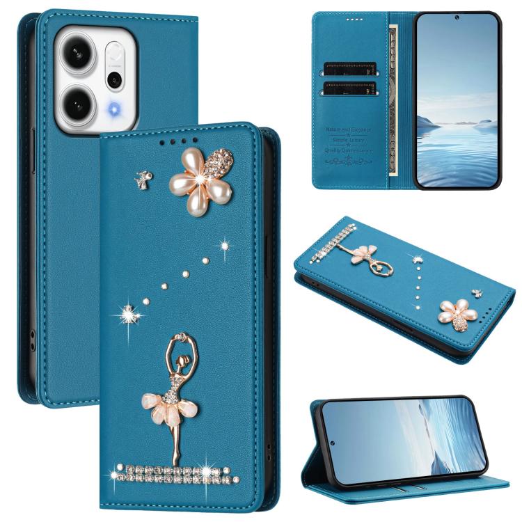 

For OPPO Reno14 F 5G Global Ballet Girl Diamond Studded RFID Vegan Leather Phone Case(Lake Blue)