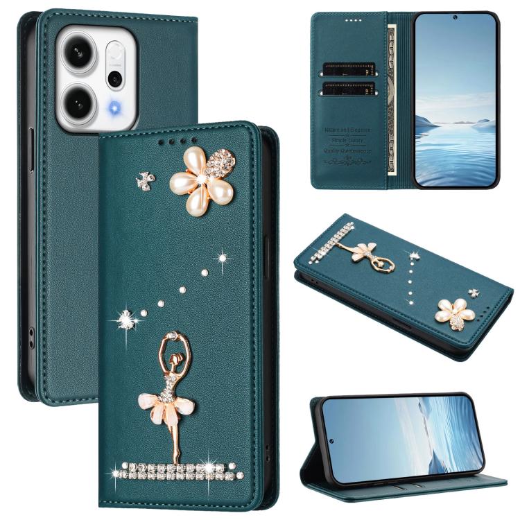 For OPPO Reno14 F 5G Global Ballet Girl Diamond Studded RFID Vegan Leather Phone Case(Peacock Green)
