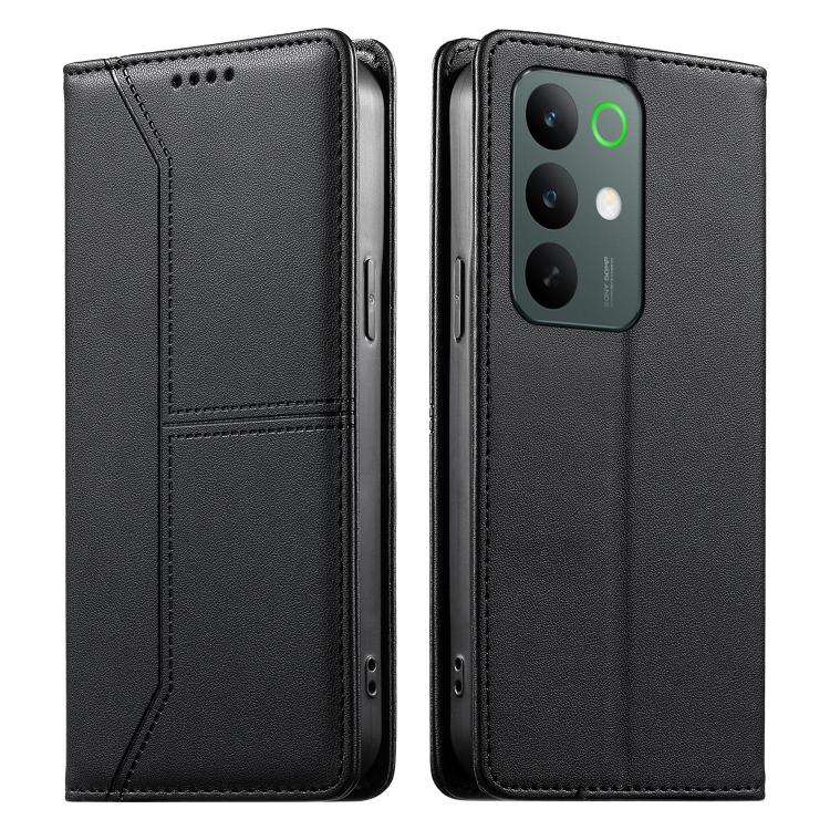 For Realme C85 5G / 15x 5G India Stitched Line Magnetic RFID Vegan Leather Phone Case(Black)