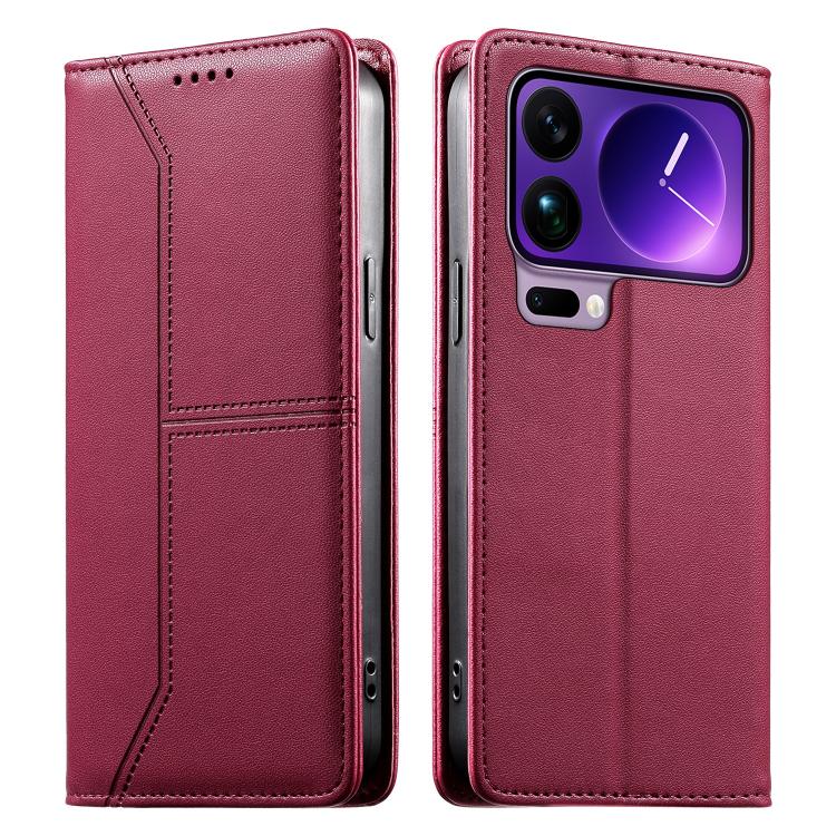 

For Xiaomi 17 Pro Max Stitched Line Magnetic RFID Vegan Leather Phone Case(Wine Red)