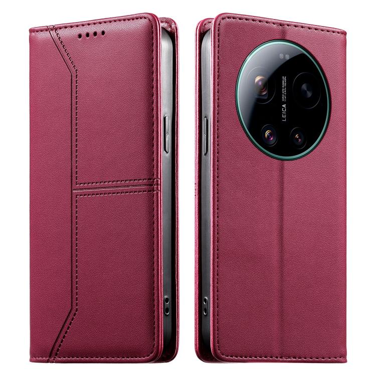 

For Xiaomi 17 Ultra Stitched Line Magnetic RFID Vegan Leather Phone Case(Wine Red)