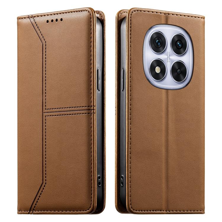 

For Redmi Note 14 Pro 4G Stitched Line Magnetic RFID Vegan Leather Phone Case(Brown)